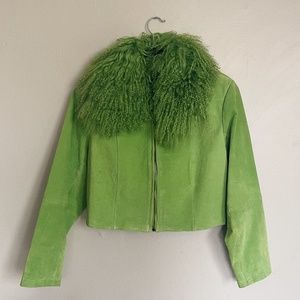 100% Suede Jacket with Mongolian Lamb collar / Saks Potts dupe